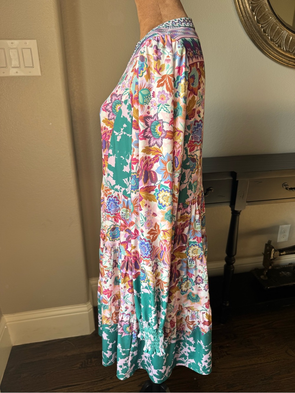 Hale Bob NWOT Floral Tiered Jersey Mini Dress Multicolor Boho Long Sleeve L - Picture 6 of 13